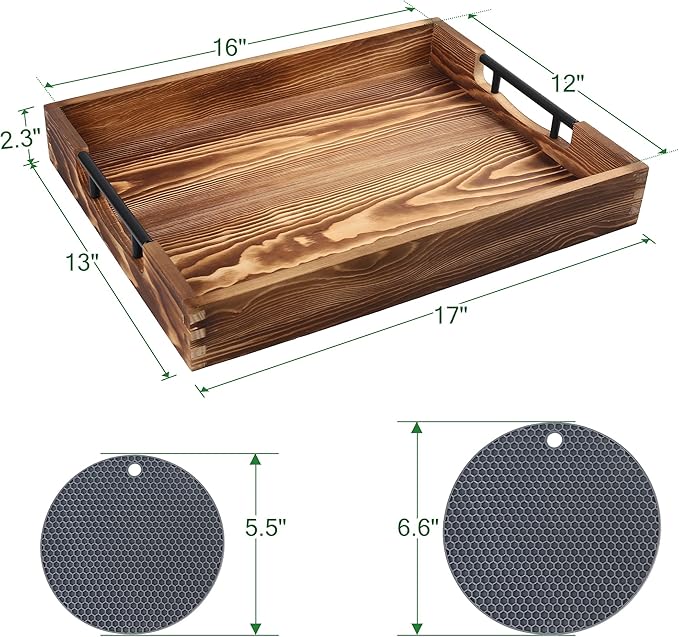 LotFancy Large Ottoman Tray for Living Room, 17x13'' Wood Serving Tray with Handles, Home Décor for Coffee Table, Sofa, 2 Skidproof Coasters Included