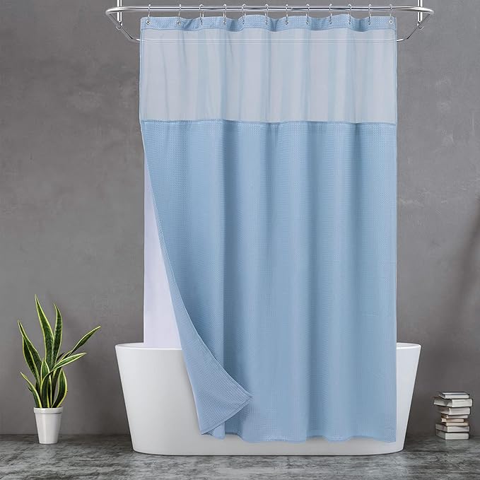 N&Y HOME Waffle Weave Shower Curtain with Snap-in Fabric Liner & Hooks Set - Hotel Style, Waterproof & Washable, Heavyweight Fabric & Mesh Top Window - 71x72, Blue