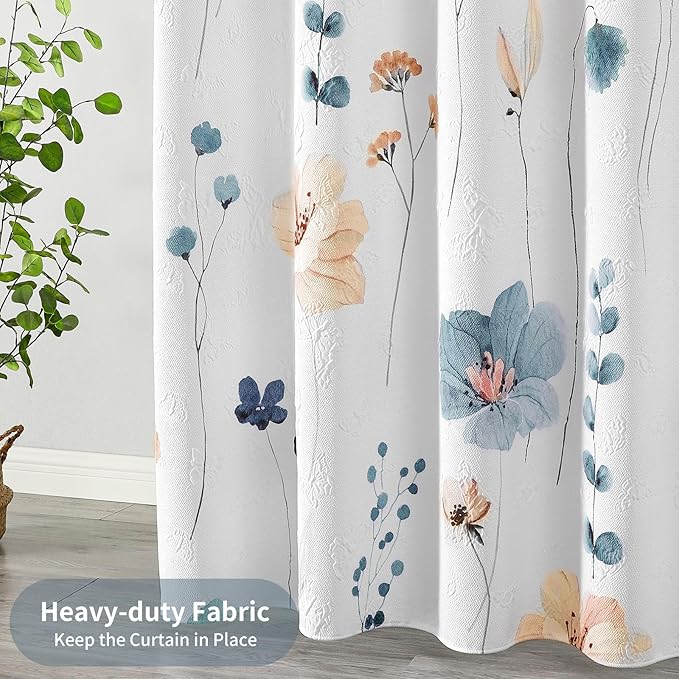 QiyI Small Stall Shower Curtain 36 x 72, Narrow Half Watercolor Floral Bath Curtain, 3D Embossed Blue Beige Flower Cloth Bathroom Curtain, Waterproof Fabric White Shower Curtain Set with Hooks