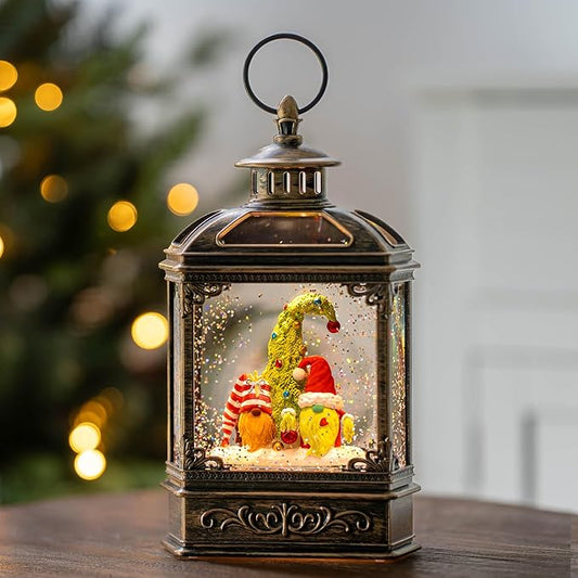 Musical Snow Globe Lantern Lighted Christmas Gnomes Santa Elf Snow Water Lantern with Swirling Glittering Home Decoration and Gift, Battery Operated or USB Powered