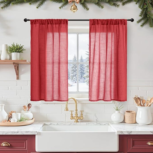 BGment Linen Short Curtains 40 Inch Length for Kitchen Window, Red Small Drapes for Farmhouse Cafe Over Sink Bathroom Lightweight Rustic Textured Rod Pocket Party Decor, 2 Panels, Each 30 Inch Wide