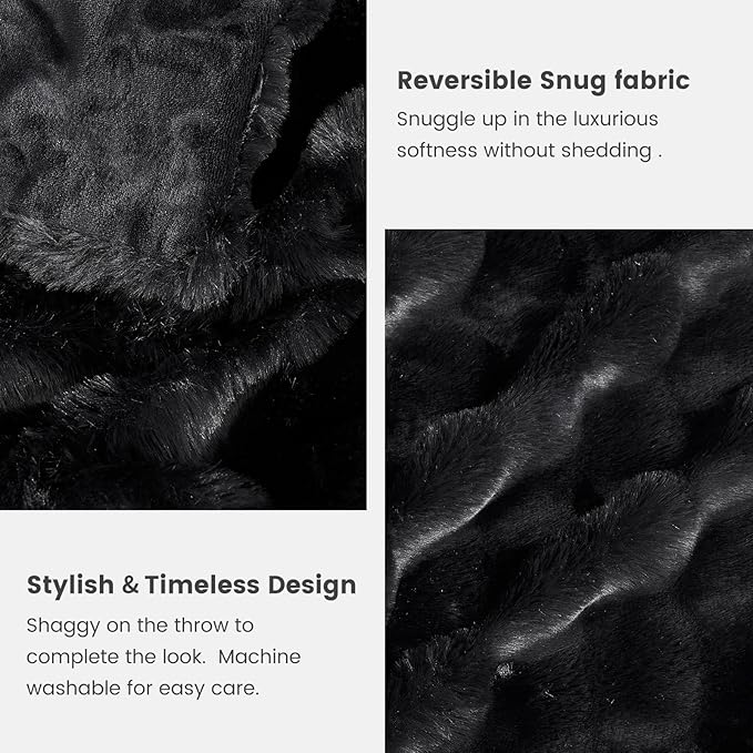 Cozy Bliss Faux Fur Throw Blanket for Couch, Fuzzy Soft Plush Thick Bubble Blanket for Sofa Bedroom Living Room, 90 * 90 Inches Black