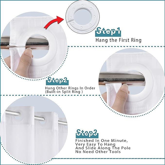 Conbo Mio Extra Wide No Hook Shower Curtain with Snap in Liner Set, 108" x 74" Hotel Luxury White Shower Curtains for Bathroom with See Through Top Window, Waterproof, Washable 108W x 74H