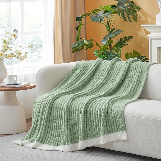 Snuggle Sac Fluffy Ribbed Throw Blanket for Couch, Sage Green, Microfiber Knit Throws for Sofa, Soft Luxurious Fuzzy Warm Blankets for Sofa, Bed, Travel, Sage Green, 50x60 inches