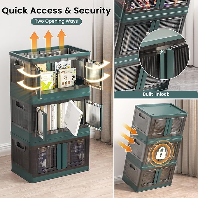 8.4Gal Collapsible Storage Bins with Lids & Wheels - 4 Pack Stackable with Doors, Heavy-Duty Plastic Containers for Home/Office, Green