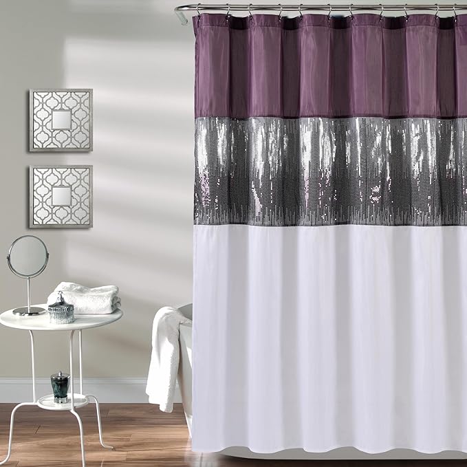 Lush Decor Night Sky Shower Curtain, Single, 72" W x 72" L, Purple & White - Sequin Shower Curtain - Sparkly Color Block Bath Curtain - Modern Glam Bathroom Decor
