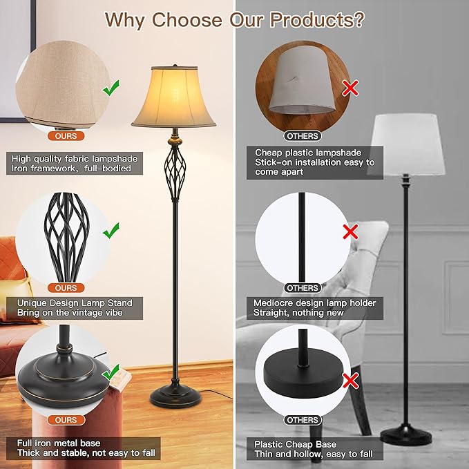 3 Pack Lamp Set, Living Room Lamp Set with Vintage Brown Fabric Shades, Bronze Finish, Solid Iron