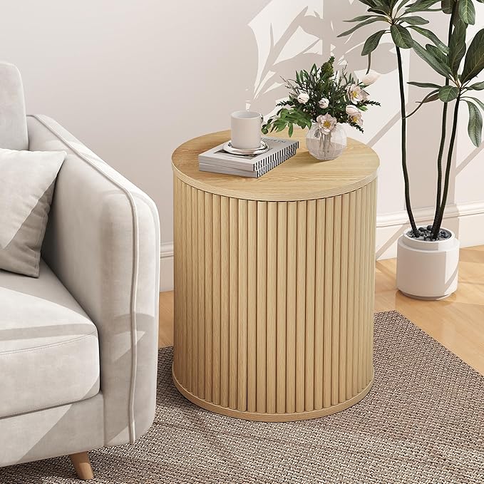 AVZEAR Small Round Side Table Fluted Night Stand Set of 2, Modern Boho End Table with Storage, Circle Bedside Tables Wood Nightstands for Small Spaces, Living Room, Bedroom (Nature)