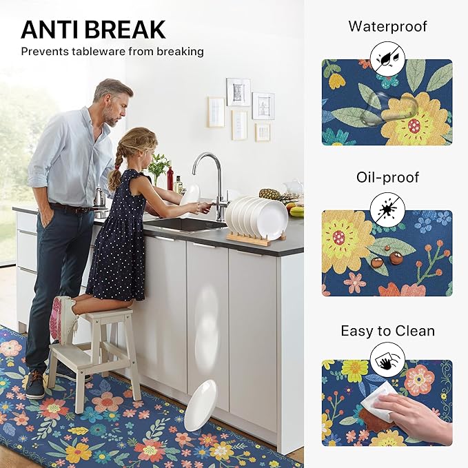 GENIMO Kitchen Mats for Floor 2PCS, Cushioned Kitchen Rugs Non Slip Washable, Farmhouse Anti Fatigue Mat Waterproof, Comfort Standing Mat Rug for Office, Home, Laundry, 17.3"x47"+17.3"x30", Navy