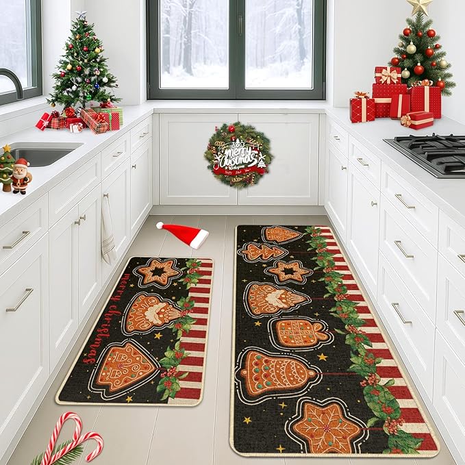 Christmas Gingerbread Kitchen Rugs and Mats Non Skid Washable Set of 2, Peppermint Candy Cookies Xmas Kitchen Mats for Floor Decor