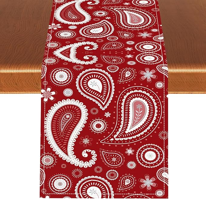 Red Paisley Table Runner, Retro Boho Ethnic Tribal Style Paisley Floral Ikat Pattern Rustic Table Dresser Scarves Table Setting Decor for Garden Farmhouse Dining Kitchen Table Decoration 13x36