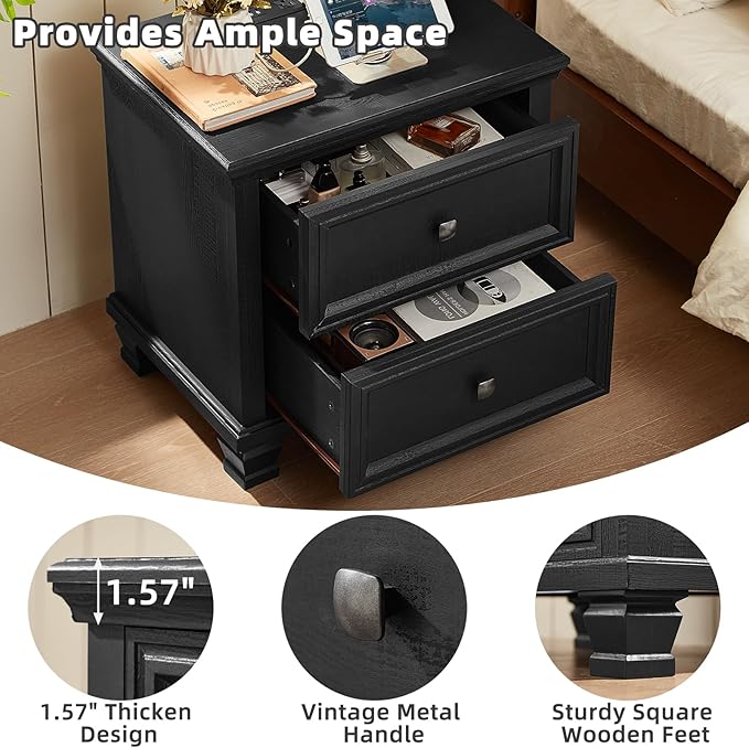 Farmhouse Nightstand with Charging Station, Rustic Low Night Stand with 2 Drawers, Mid-Century Modern End Table with 4 Square Solid Wood Legs, Small Dresser for Bedroom, Home, Black