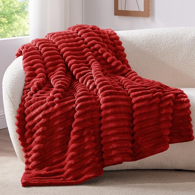 BEDELITE Twin Blanket for Couch & Bed, 300GSM Soft & Warm Fleece Blanket, Decorative and Giftable Striped Burgundy Blankets for Women, Men, 60"x80"