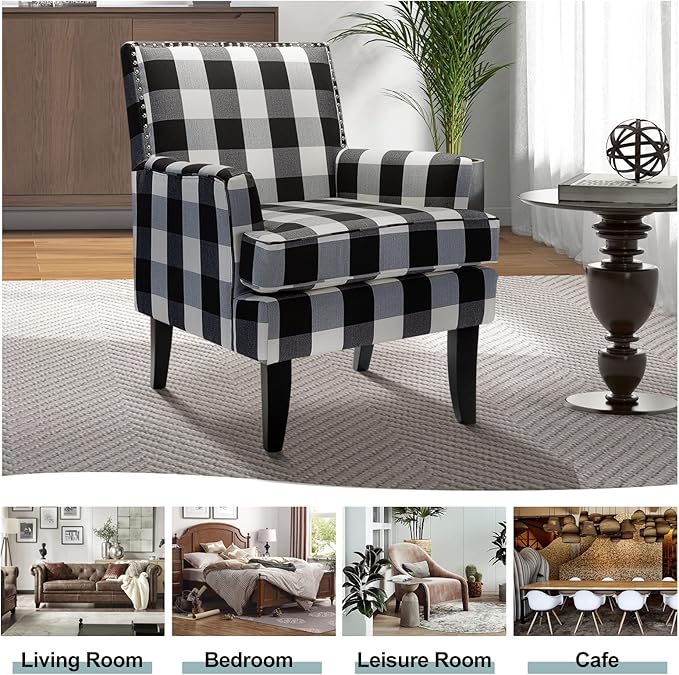 HULALA HOME Modern Accent Chairs Set of 2, Farmhouse High Back Buffalo Plaid Chairs with Wooden Legs & Nail Head Trim, Comfy Upholstered Armchairs for Living Room/Bedroom (Buffalo Black)