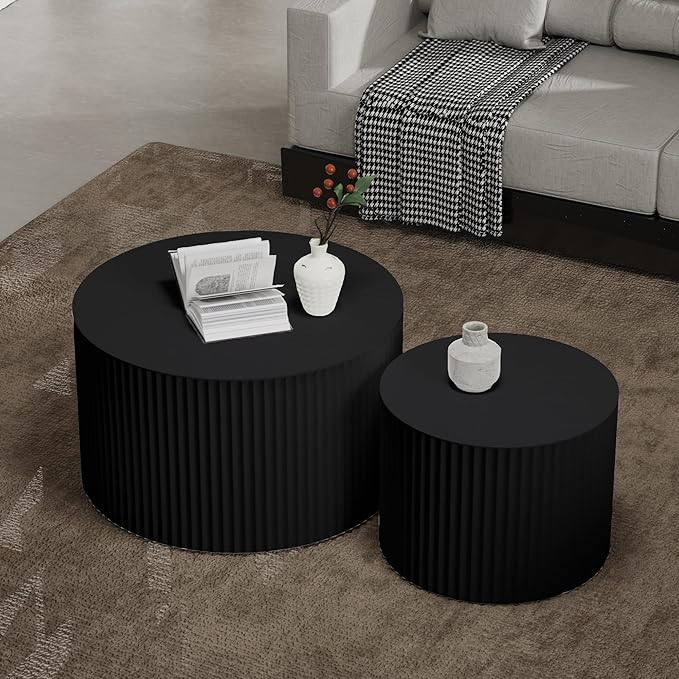 Nesting Coffee Table Set of 2 Modern Round Coffee Table with Non-Slip Feet Wood Drum Circle Accent Tables End Table Set for Living Room Bedroom Office (Black Round Set)
