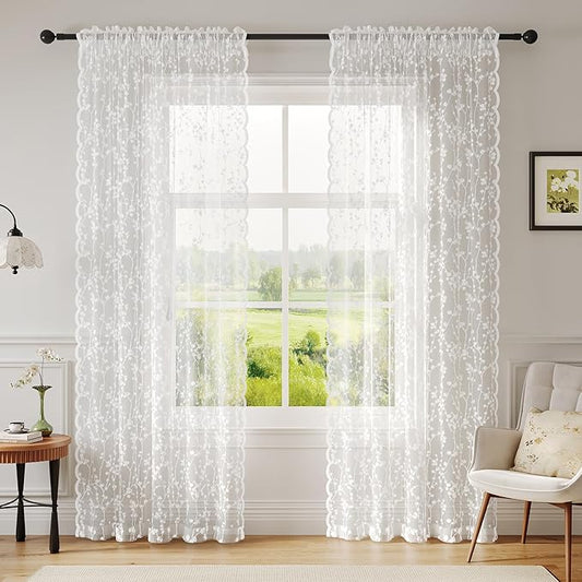 White Lace Sheer Curtains 84 inches Long – Vintage Branch Pattern for Living Room/Bedroom, Light Filtering Rod Pocket Drapes, Privacy Chic Window Treatments, 52W x 84L Inch, 2-Panel Set