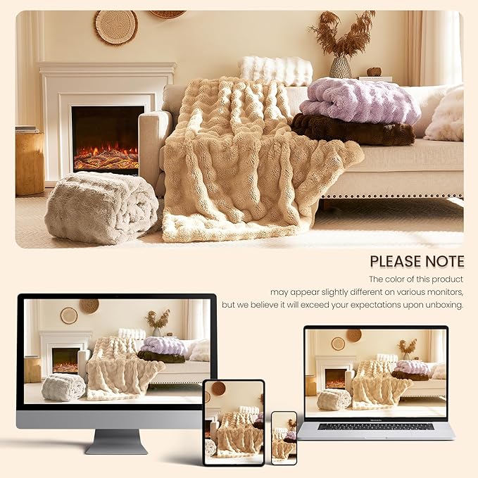 L'AGRATY Faux Rabbit Fur Blanket: 60" x 80" Twin Luxury Soft Fluffy Thick Fur Throw Blanket for Couch Bed - Cozy Plush Bubble Blankets for Winter: Flannel Fleece Decorative Blanket(Milk Tea Brown)