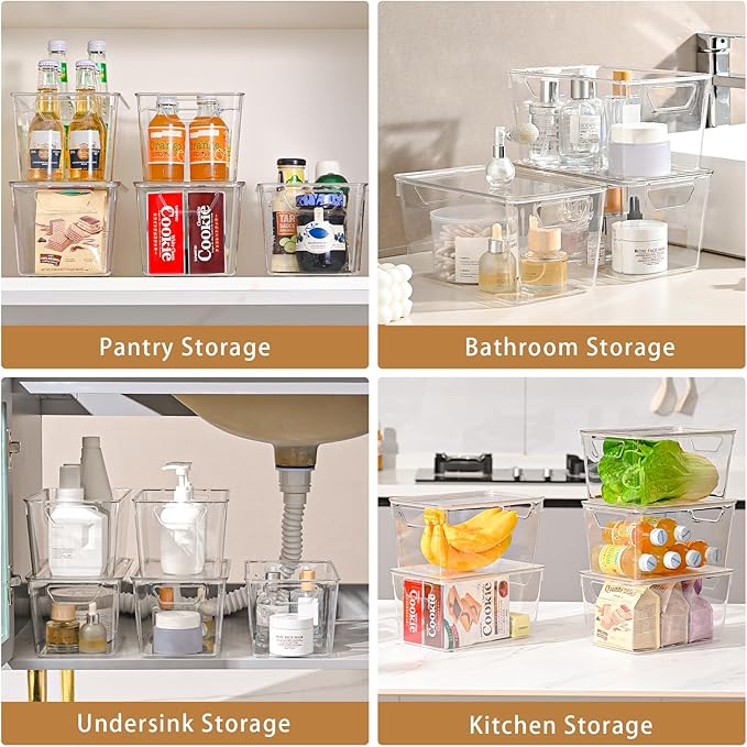 12 Pack Middle Stackable Storage Boxes for Storage and Organization, Clear Storage Bins with Lids, Plastic Storage Containers with Lids, Plastic Bins with Handles for Office, Bedroom, Study Room