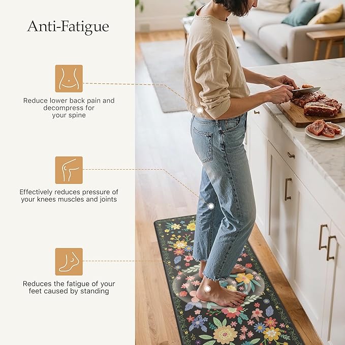 GENIMO Kitchen Mats for Floor 2PCS, Cushioned Kitchen Rugs Non Slip Washable, Farmhouse Anti Fatigue Mat Waterproof, Comfort Standing Mat Rug for Office, Home, Laundry, 17.3"x47"+17.3"x30", Black