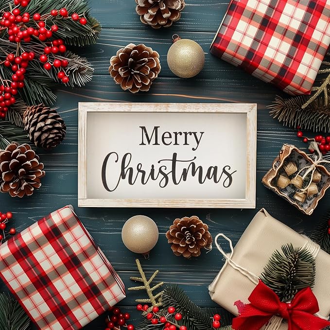 Merry Christmas Wooden Tabletop Sign, Festive Wood Decor for Christmas Desk,Shelf,Tray,Fireplace.Christmas Wood Block Sign(White)