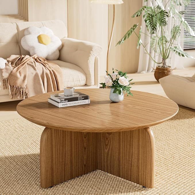 Round Coffee Table with Stylish Curve, 31.5" Circle Wooden Living Room Coffee Table, Modern Farmhouse Center Accent Furniture, Child-Friendly, Easy to Assembly, Brown
