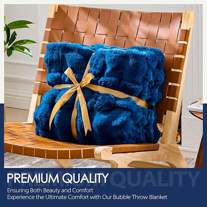 Luxury 1000GSM Faux Rabbit Fur Throw Blanket, Super Heavy Warm Cozy Blankets for Couch Bed Sofa, Bubble Plush Fuzzy Elegant Soft Reversible Mink Blanket for Living Room Bedroom, Navy Blue