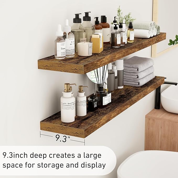 Fun Memories 48Inch Floating Shelves, 9.3Inch Deep Rustic Wall Shelves - Extra Deeper & Thicker Wall Mounted Storage Shelf for Kitchen, Farmhouse - Set of 2 - Rustic Brown