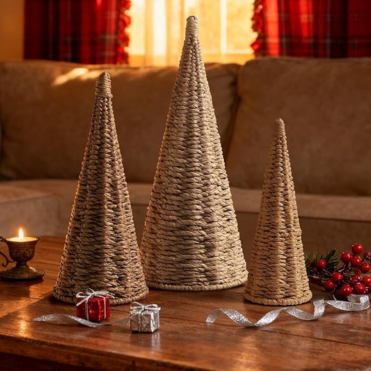 3pcs Natural Woven Christmas Trees Decor, Artificial Christmas Tree Decorations for Home Party Table Village Craft Indoor Outdoor Vintage Christmas Decor(Khaki+Dark Khaki+Natural)