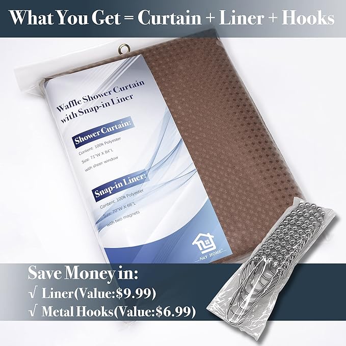 N&Y HOME Waffle Weave Shower Curtain with Snap-in Fabric Liner & 12 Metal Hooks Set - Hotel Style, Waterproof & Washable, Heavyweight Fabric & Mesh Top Window - 71x72, Chocolate Brown