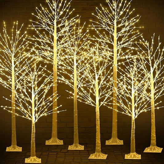 Baquler 8 Pack Lighted Birch Tree - Artificial LED Warm-White Light Birch Tree Decoration for Christmas Holiday Party Wedding Festival Decor, Indoor & Outdoor (4 5 6 8 ft)
