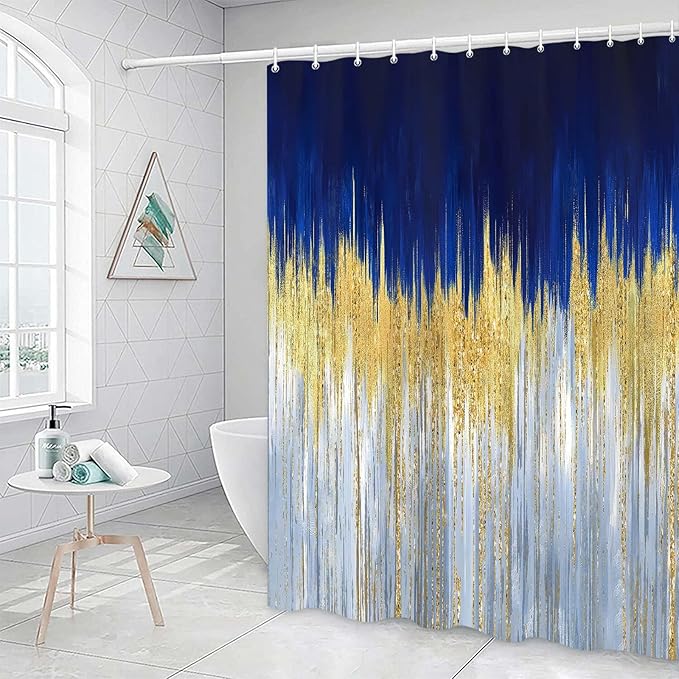 JAWO Abstract Blue Shower Curtain, Gold Blue Boho Ombre Minimalist Chic Art Shower Curtains, Modern Neutral Contemporary Striped Brush Strokes Tan Art Waterproof Bathroom Curtain with 12 Hooks