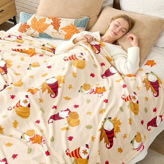 Cozy Bliss Gnome Fall Blankets Harvest Pumpkin Maple Twin Size Blanket - Warm MilkyPlush™ Blankets Ultra Soft Warm Cozy Blanket for Bed,Beige,60X80inches