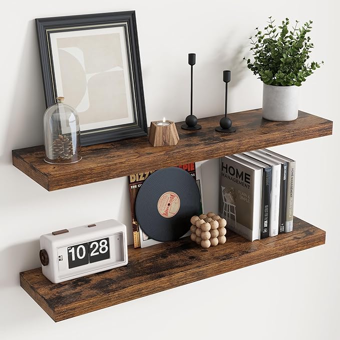 Floating Shelves for Wall with Invisible Brackets, Wall Mounted Engineered Wood Shelves with Wood Grain for Living Room, Bathroom, Kitchen Decor and Storage, Oak, 36"L Set of 2, Rustic Brown