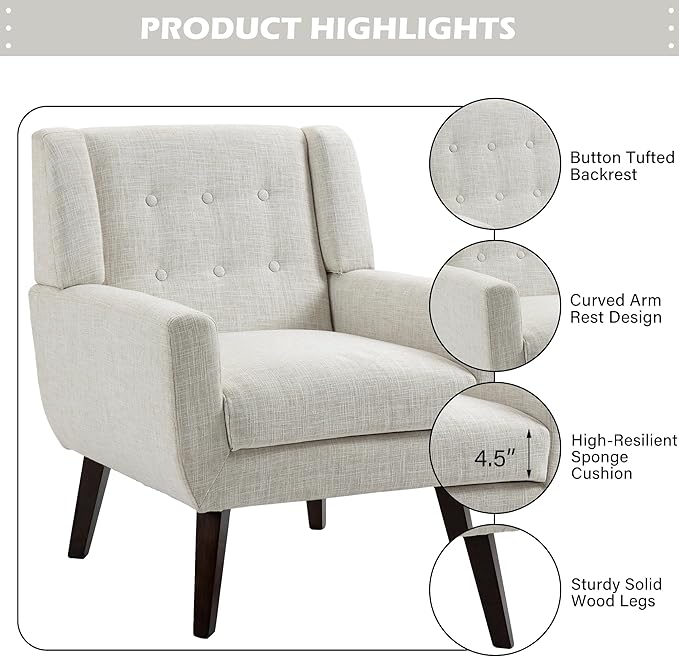 UIXE Accent Chairs Set of 2, Modern Living Room Arm Chair Mid-Century Upholstered Club Armchair, Comfy Fabric Single Sofa Button Tufted Reading Seat Bedroom Side Sitting, Beige