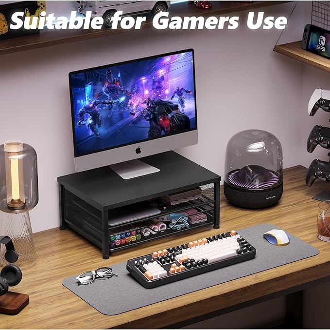 Desk Organizers and Accessories, 2-Tier Computer Monitor Stand Riser with Drawer, Laptop Stand, Office Desk Accessories, Workspace Desktop Organizer for Office Supplies, Black