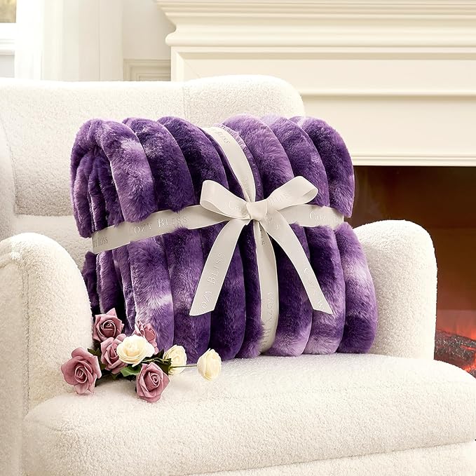 Cozy Bliss Faux Fur Throw Blanket for Couch, Cozy Warm Plush Striped Blanket for Sofa Bedroom Living Room, 60 * 80 Inches Tie-dye Purple
