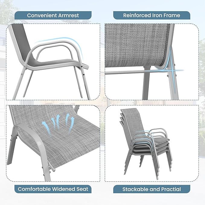 Amopatio Patio Chairs Set of 2, Outdoor Stackable Dining Chairs for All Weather, Comfortable Breathable Garden Outdoor Furniture for Backyard Deck, Grey & White