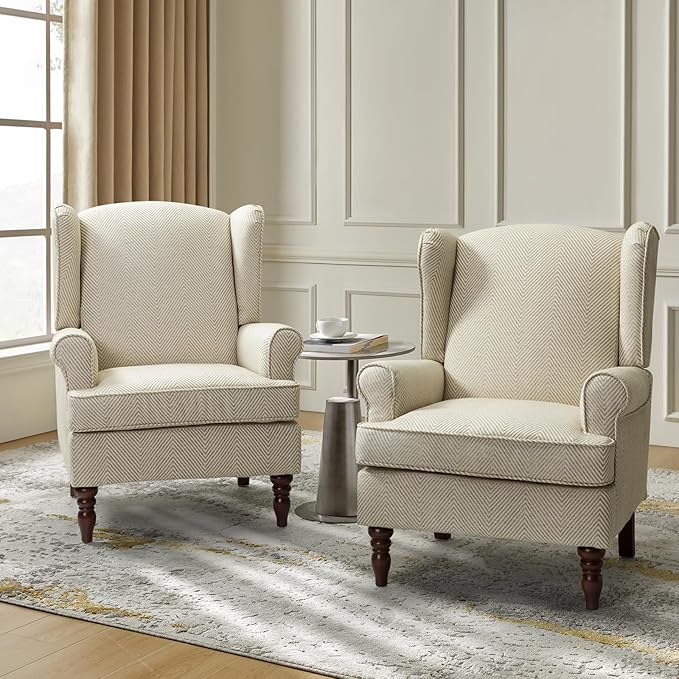 HULALA HOME Wingback Accent Chairs Set of 2 with Retro Wood Legs, Traditional Fabric Armchairs for Bedroom Living Room, Comfy Upholstered Sofa Chairs Reading Chairs, Tan