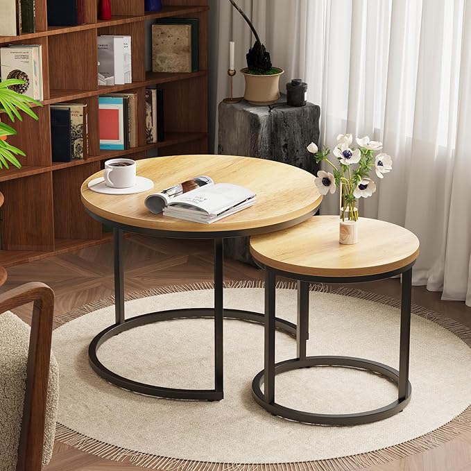 Smuxee Nesting Coffee Table Set of 2, 23.6" Round Coffee Table Brown Wood with Adjustable Non-Slip Feet, Industrial End Table Side Tables for Living Room Bedroom Balcony Yard