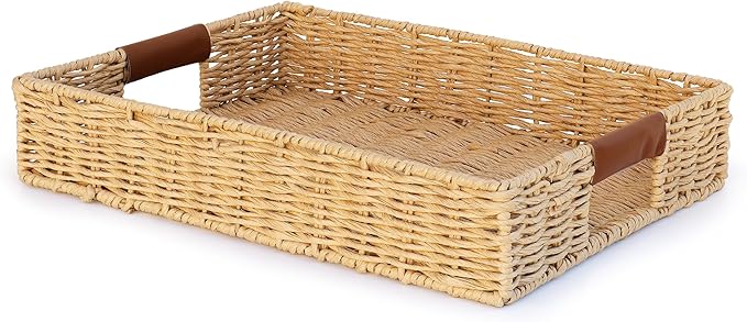 Rattan Organizer with Leather Handles – Decorative Wicker for Home Decor – Versatile Storage & Serving Solution for Kitchen and Living Room (Medium-Rectangle)