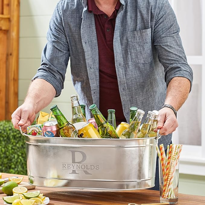 Let's Make Memories Personalized Beverage Tub w/Stand - Galvanized Beverage Tub - Customized Name & Initial – Drink Cooler - 5.5 Gallons