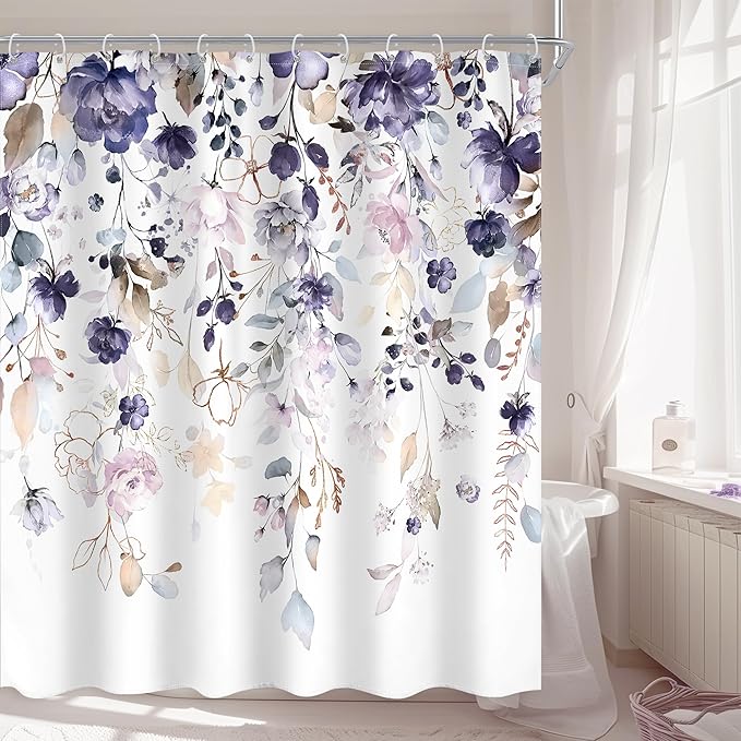 Floral Flower Shower Curtain 60Wx72L Inch Purple Pink Leaf Rustic Girly Boho Wildflower Eucalyptus Botanical Plant Country Bathroom Set Spring Bath Curtain Bathtub Accessories Home Decor