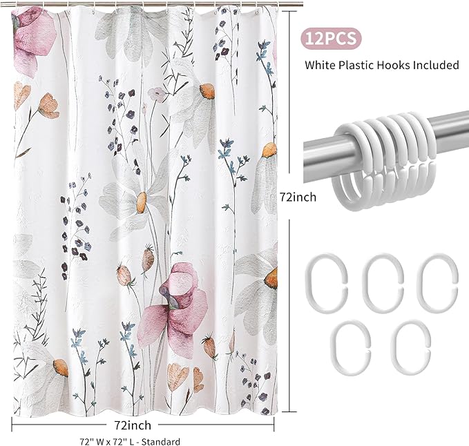 QiyI Floral Shower Curtain, 3D Embossed Butterflies Watercolor Wildflower Bathroom Curtain, Minimalist White Cloth Bath Curtains, Waterproof Fabric Textured Shower Curtain Set with Hooks, 72x72