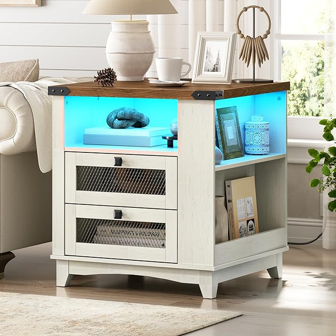 Farmhouse End Table Set of 2, 24''Large Sofa Side Table with LED Light and Charging Station, Square Nightstand with Side Shelves and 2 Drawers, for Bedroom, Living Room.White and Walnut