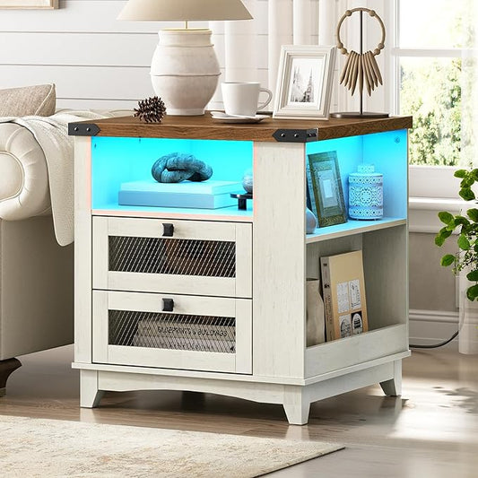 Farmhouse End Table with Charging Station, 24''Large Sofa Side Table with LED Light and 2 Drawers, Square Nightstand with Side Shelves, for Bedroom, Living Room, Office, White and Walnut