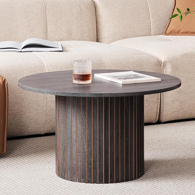 Round Nesting Coffee Tables Set of 2 -φ27.6 Large Short + φ15.8 Small Tall Boho Circle Side Tables with Fluted Drum Design, Black