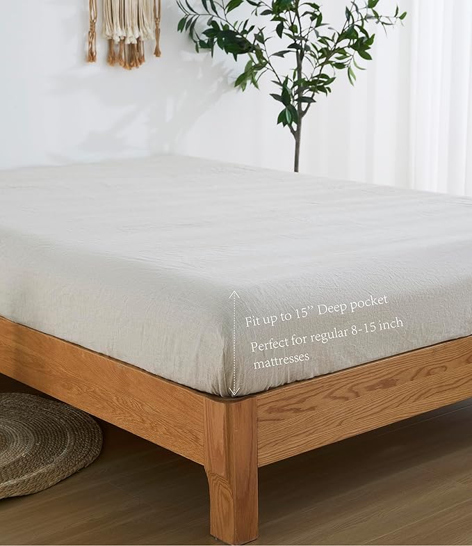 100% Linen Fitted Sheet King(1 Piece), 15 Inch Deep Pocket Mattress Cover French Flax Stone Washed Farmhouse Soft Breathable Bottom Sheets(Natural Linen, King)