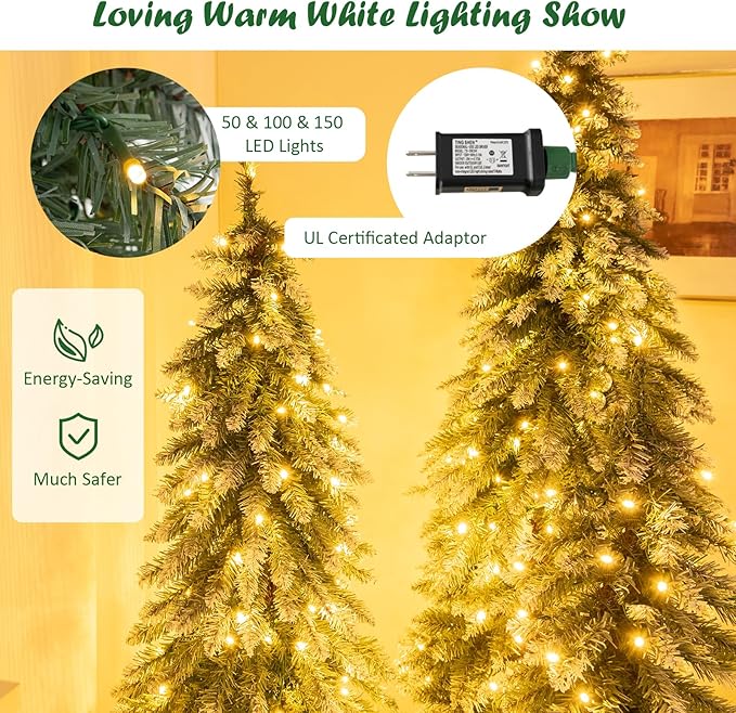 GOFLAME Set of 3 Prelit Christmas Tree, Pencil Artificial Christmas Tree 3Ft, 4Ft and 5Ft with Warm White LED Lights, Slim Christmas Trees with Snowy Leaves, Xmas Decoration Tree for Home Office Party