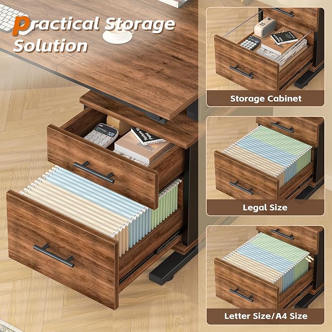 63 Inch Executive Computer Desk with Drawers, Large Office Desk with Storage, Industrial Writing Desk with File Drawer for Home Office, Brown