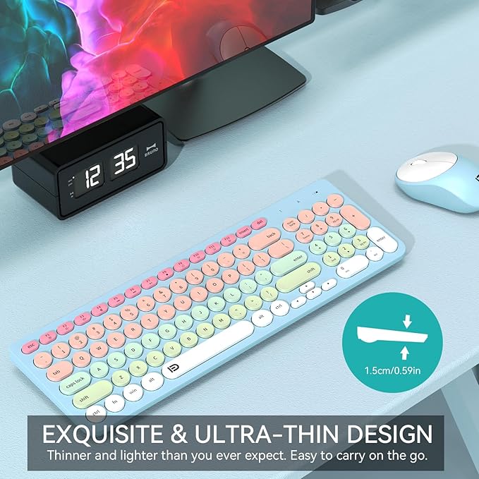 FD Wireless Keyboards and Mouse Combo - 2.4GHz USB Cordless, Cute Wireless Keyboard Round Keys, Quiet and Slim Set for Laptop, Computer, TV and Mac - Blue Pale Green Colorful